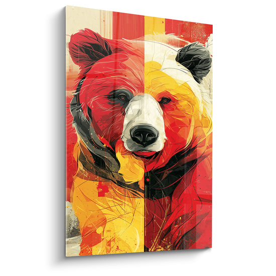 Ours brun au museau blanc, moitié rouge et moitié jaune doré, style graphique intense