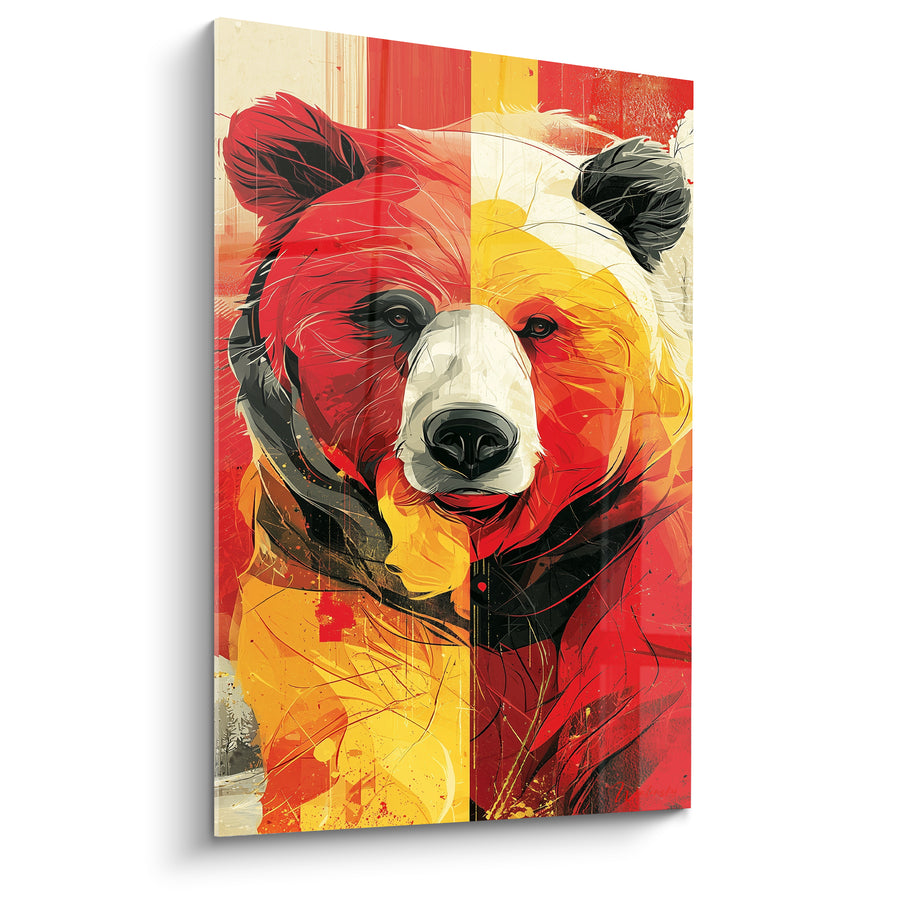Tableau Ours mi-rouge mi-jaune au museau blanc - Symétrie chromatique frontale - Edition Ours brun