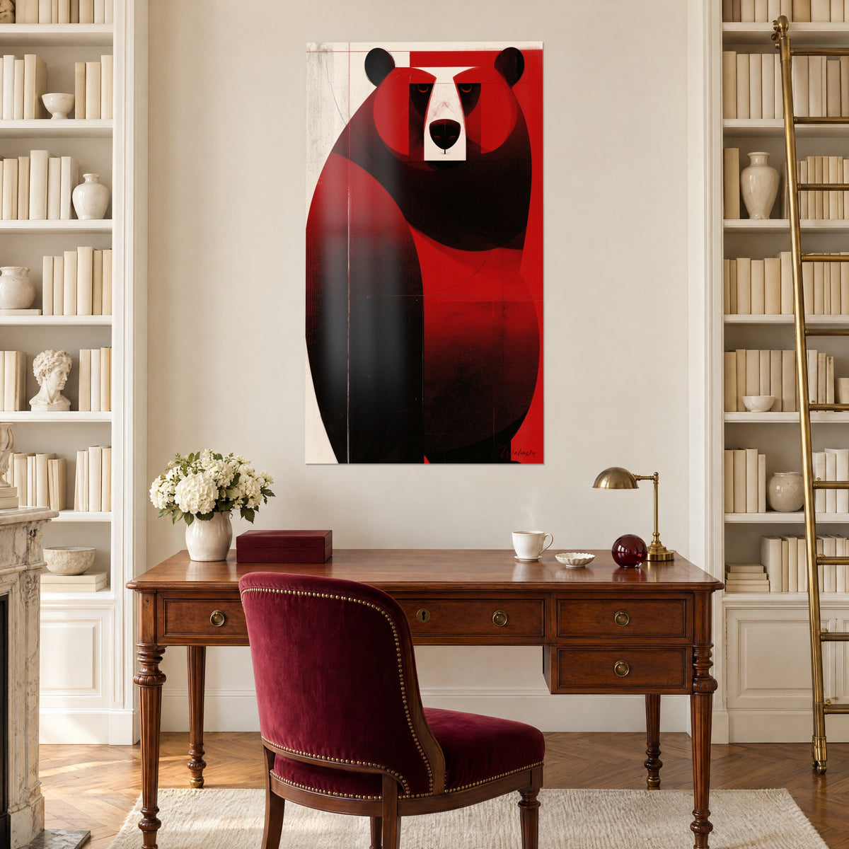 Tableau silhouette d'ours rouge et noir au grain texturé, accroché entre deux bibliothèques blanches, bureau en bois, fauteuil bordeaux