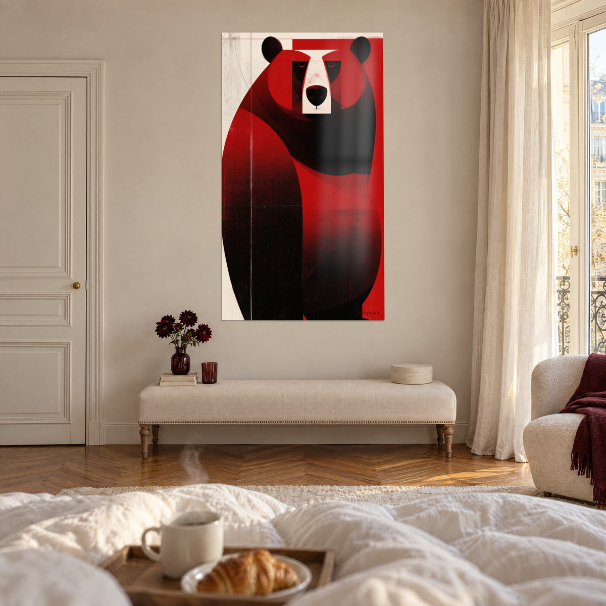 Tableau grand ours stylisé, dégradé noir et rouge sang, oreilles rondes sombres, fond crème, au-dessus d'un lit dans une chambre claire