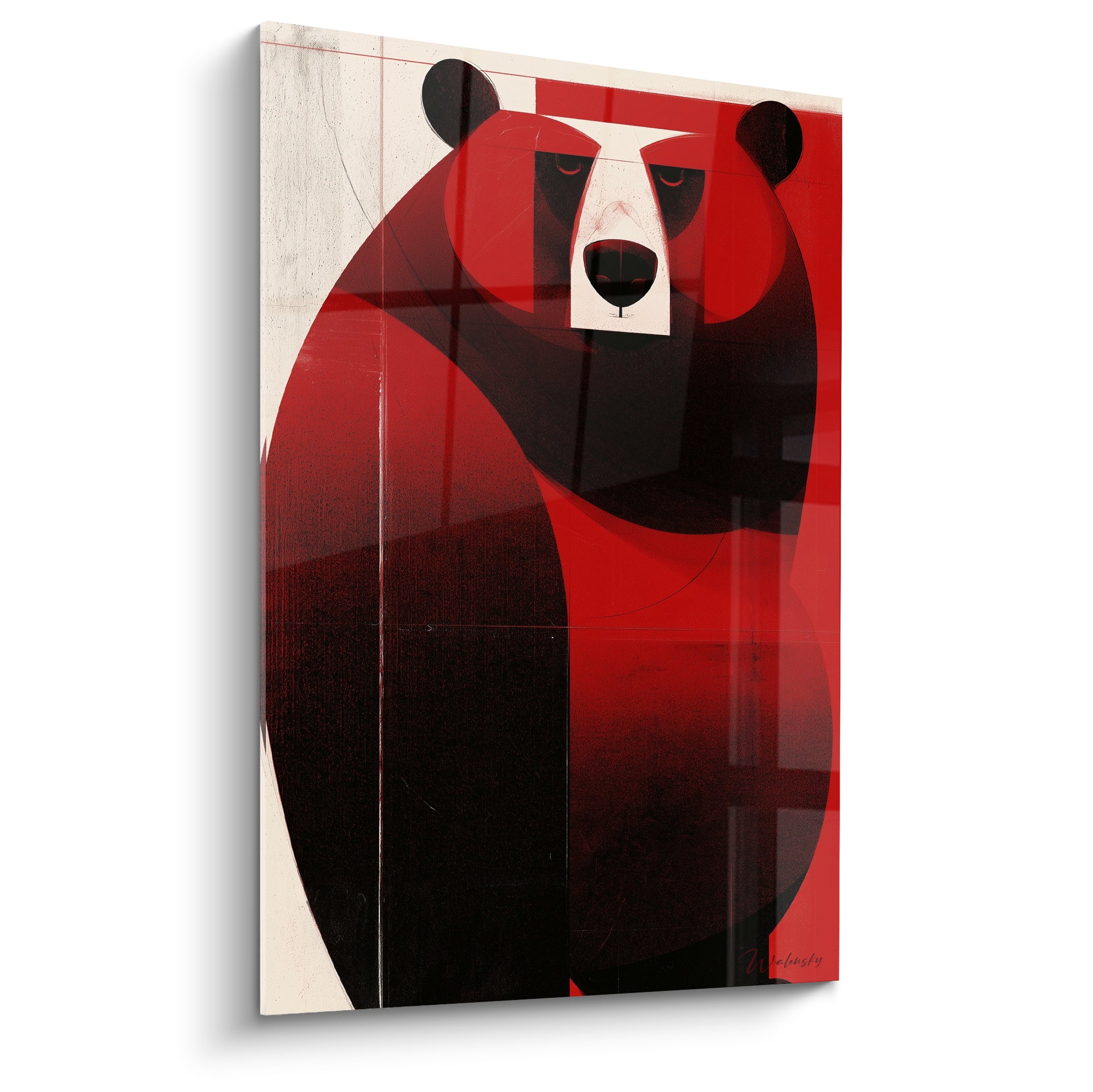 Ours brun stylisé en aplats rouge vif et noir anthracite, museau clair, fond ivoire graphique