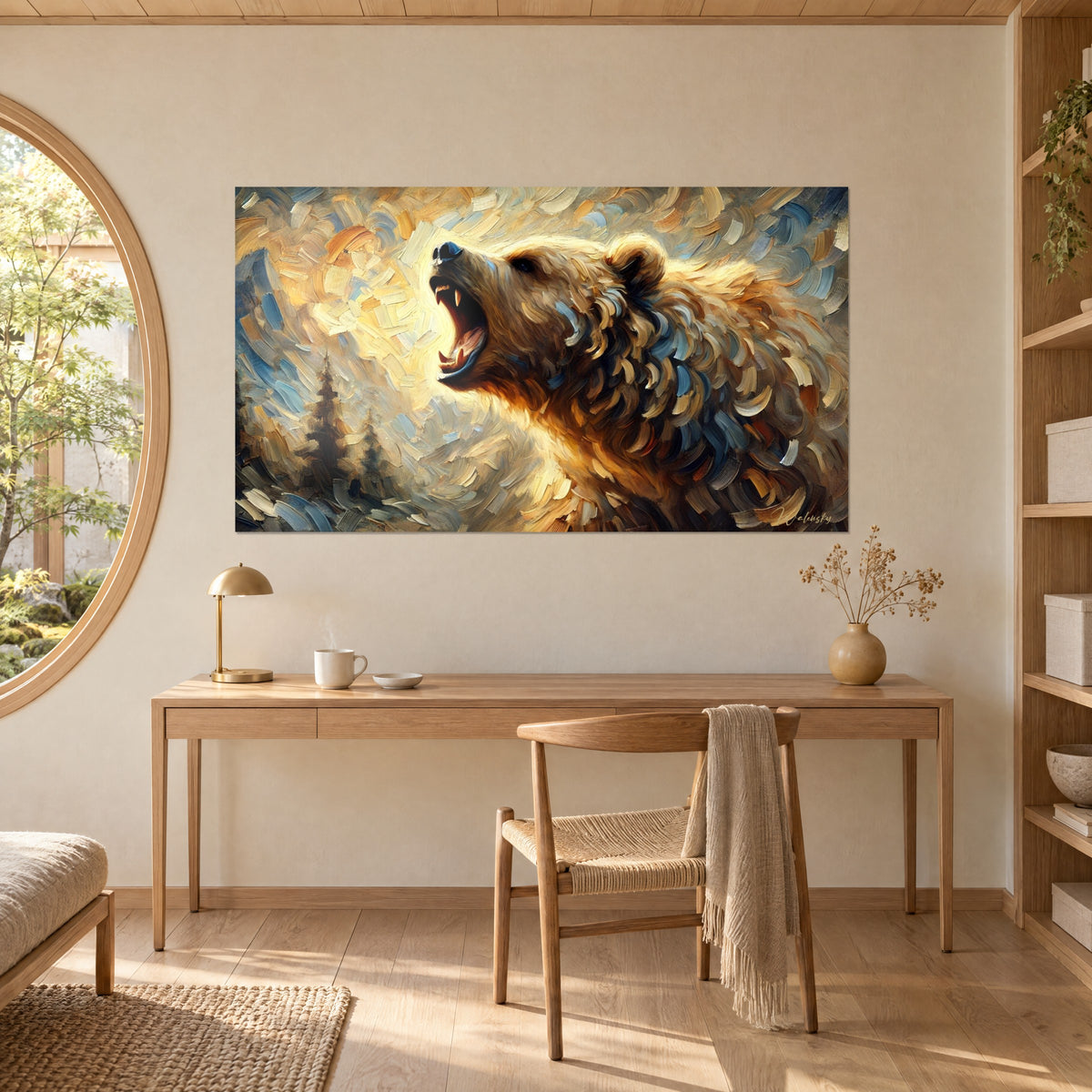 Wall art of a roaring brown beast on pale yellow and blue, bold impasto texture, hung above a light wood desk beside a round mirror
