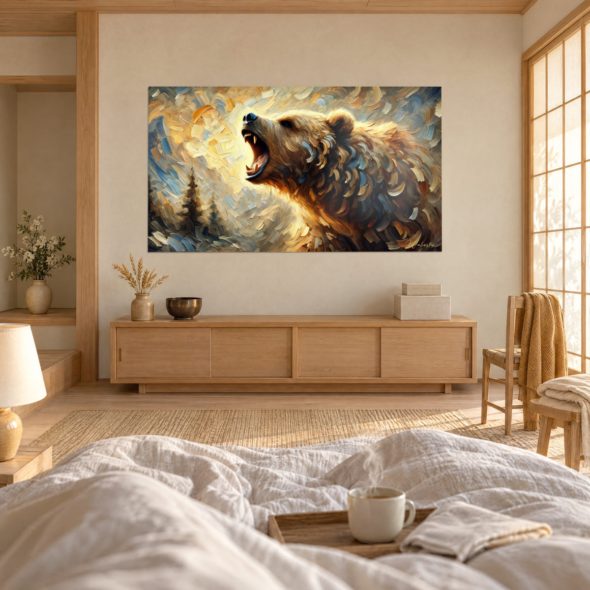 Wall art of a brown bear howling at the sky, golden fur streaked with blue, pine trees in the background, a person seen from behind, above a bed in a light bedroom