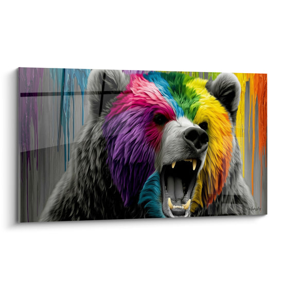 Ours brun rugissant aux couleurs rose violet turquoise et jaune sur fond anthracite avec coulures de peinture