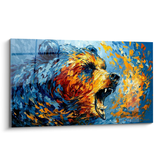 Ours brun rugissant en ocre et bleu marine, gueule ouverte, peinture au couteau texturée intense