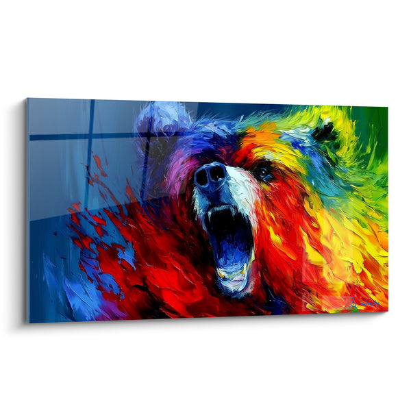 Dipinto Orso ruggente rosso e giallo con zanne visibili - Bocca aperta fiammeggiante - Edizione Orso bruno