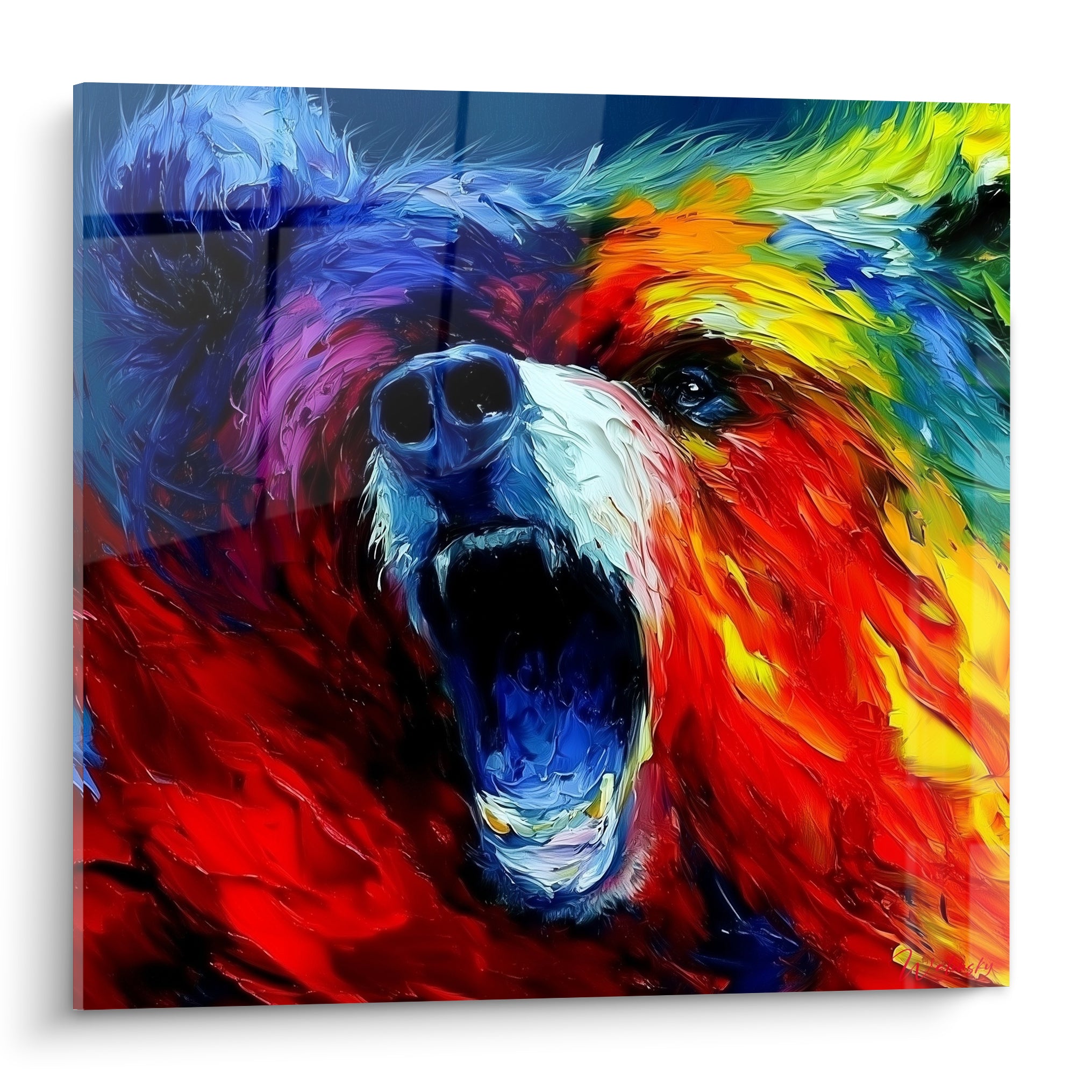 Ours brun rugit gueule ouverte, pelage rouge, bleu et jaune, texture à l'huile épaisse