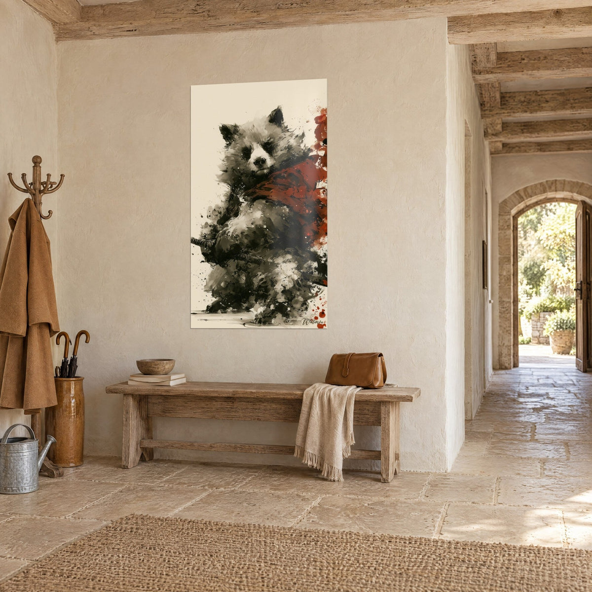 Wall art grey-furred warrior holding a katana, blood-red splatters on a cream background, in a stone entrance hall