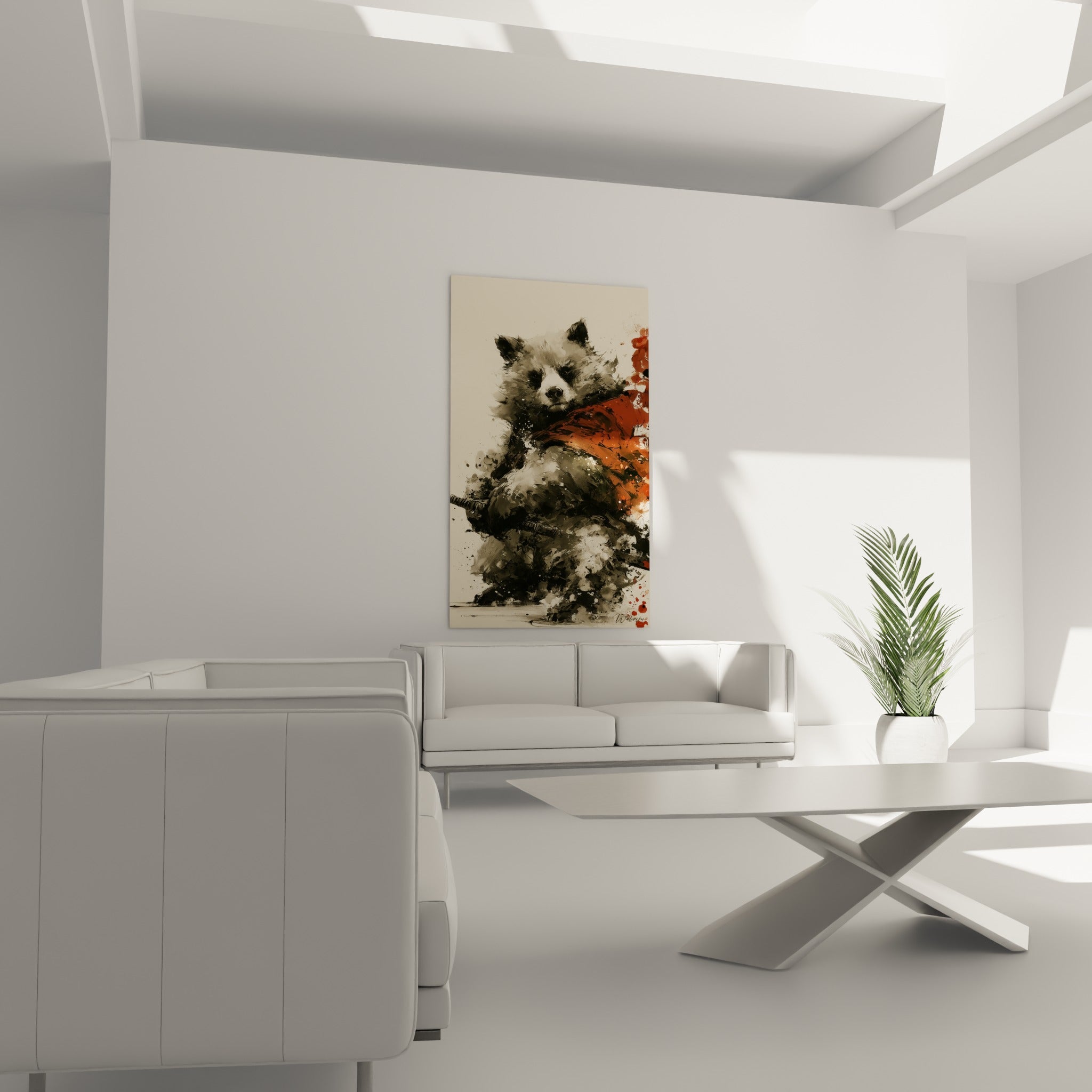 Silhouette d'ours brun encré, noir profond et touches écarlates, au-dessus d'un canapé dans un salon lumineux