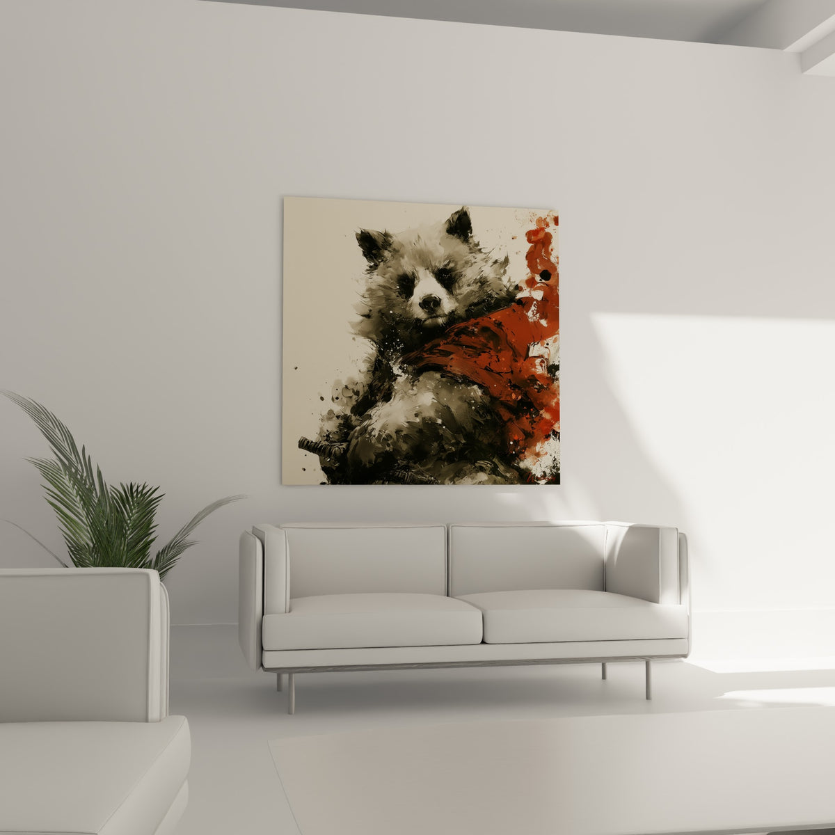 Samouraï ours brun aux touches terracotta et noires, accroché au-dessus d'un canapé dans un salon lumineux