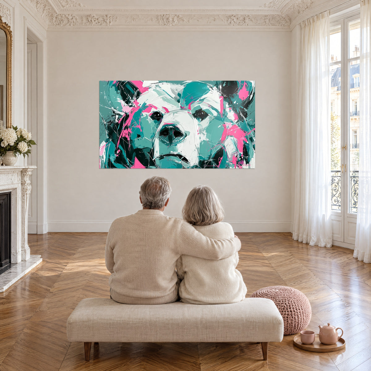 Tableau grand ours dans un jaillissement rose et turquoise, nez noir saisissant, au fond d'un salon haussmannien