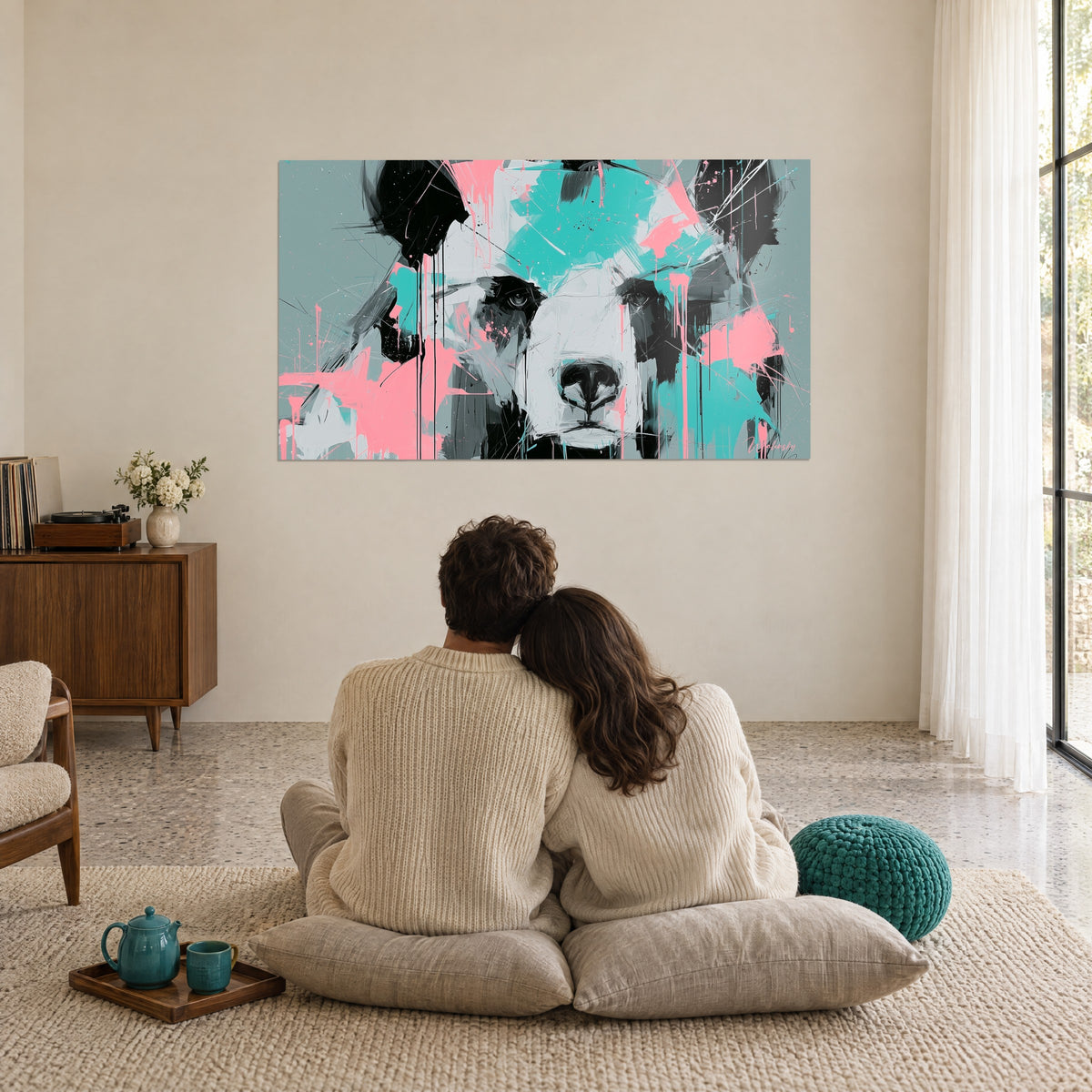 Quadro volto d'orso potente, macchie turchesi, rosa e nere su fondo grigio-verde, in un soggiorno con grandi vetrate