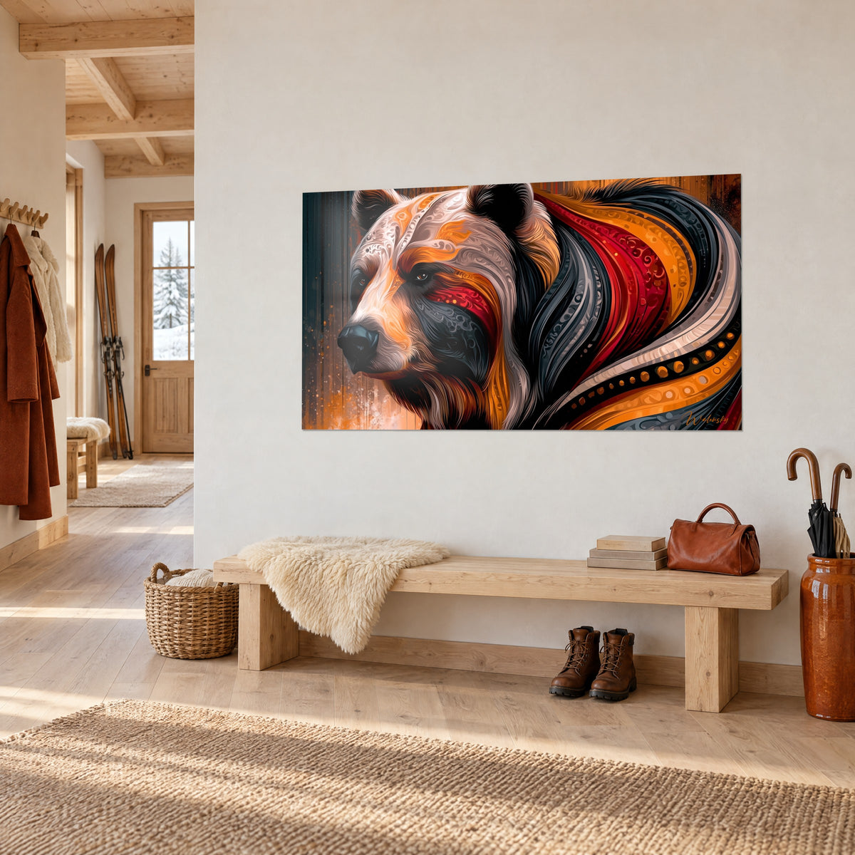 Tableau portrait de grizzly paré de rubans noirs, rouges et orangés, en vue de trois-quarts, banc en bois, mur blanc d'un chalet