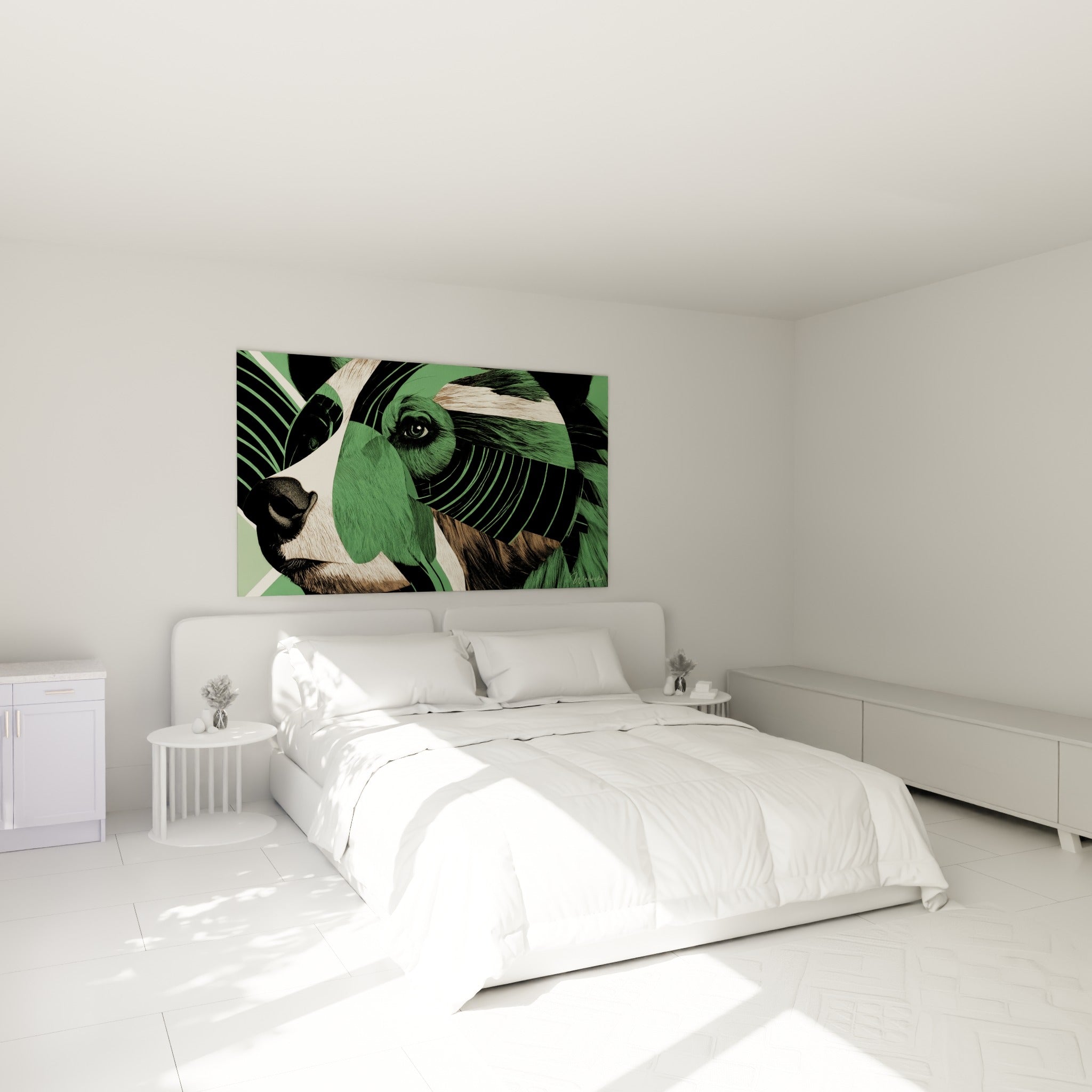 Motifs géométriques d'ours brun vert et noir accrochés au-dessus d'un lit dans une chambre claire
