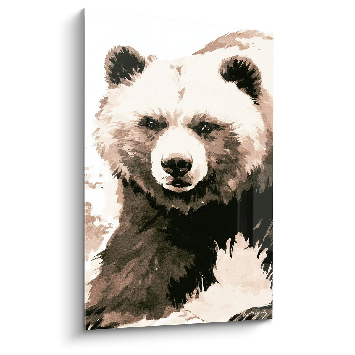 Ours brun sépia et beige au regard intense, portrait pictural aux touches d'encre anthracite
