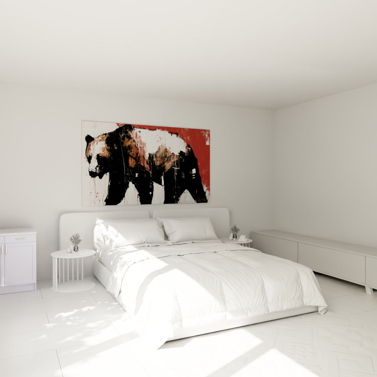Silhouette d'ours brun aux teintes noir et terracotta, accrochée au-dessus d'un lit dans une chambre claire