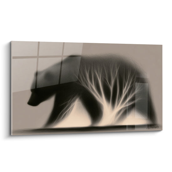 Ours brun en marche, silhouette noire et taupe traversée de veines lumineuses blanches