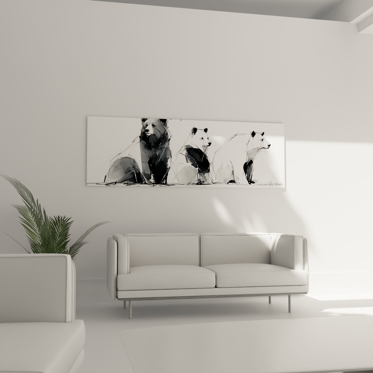 Silhouettes d'ours bruns esquissées en noir et blanc au-dessus d'un canapé dans un salon lumineux