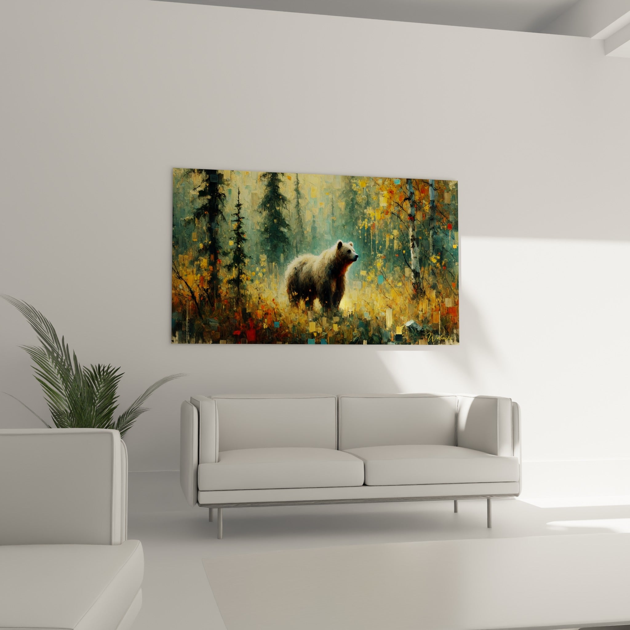 Silhouette de l'ours brun dans une clairière verte et ocre, disposée au-dessus d'un canapé dans un salon lumineux