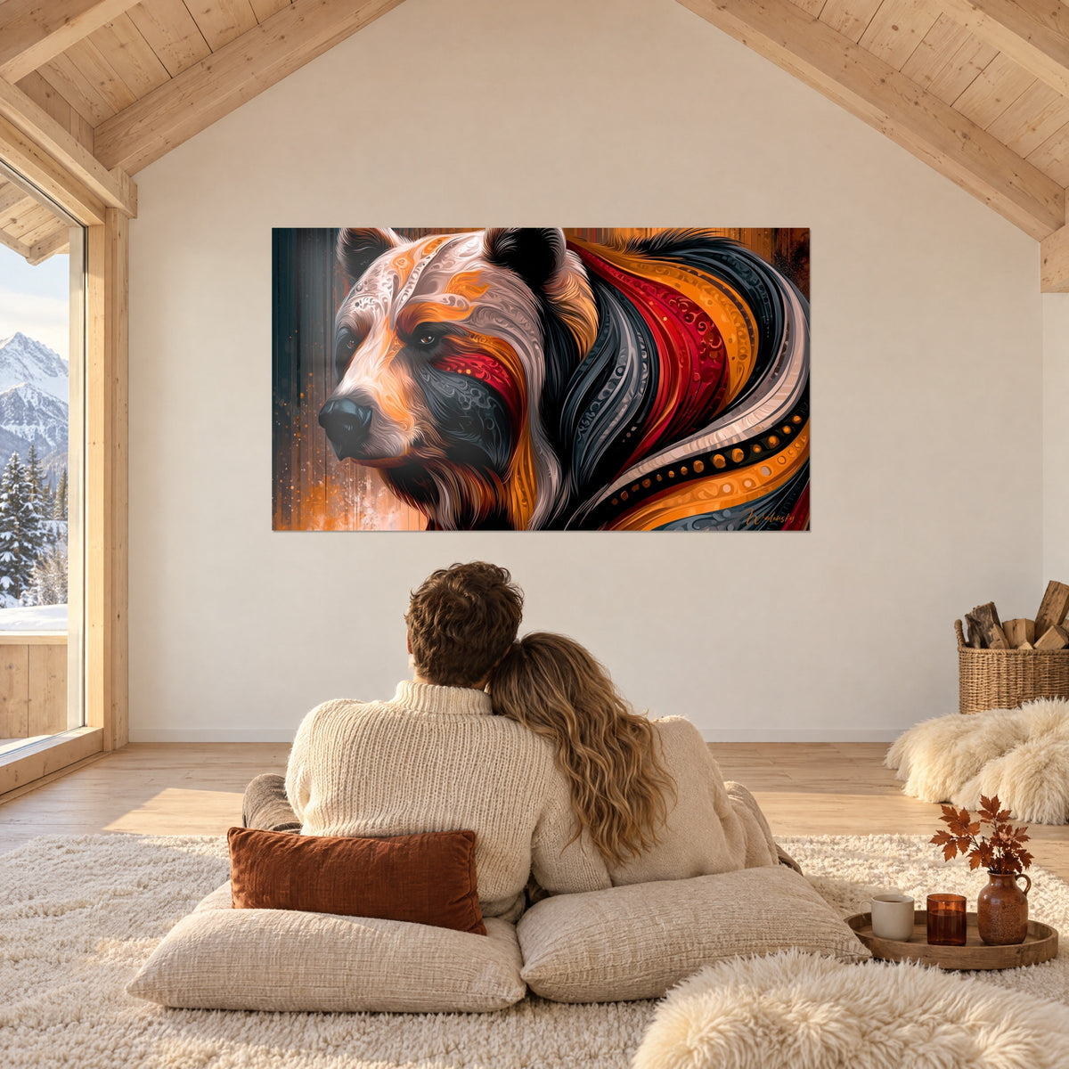 Tableau ours stylisé aux spirales rouge brique et ocre doré, couple de dos sur des coussins, grande baie sur la neige
