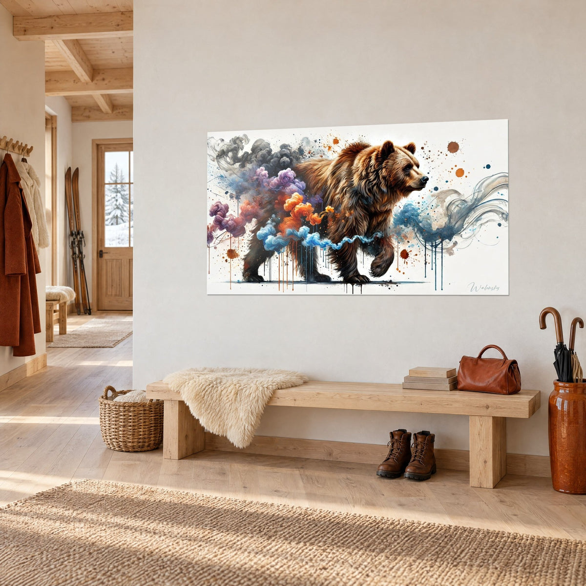 Wall art of a massive bear on the move, purple and black smoke trail, rust-colored splashes on a white background, hung in a chalet entrance