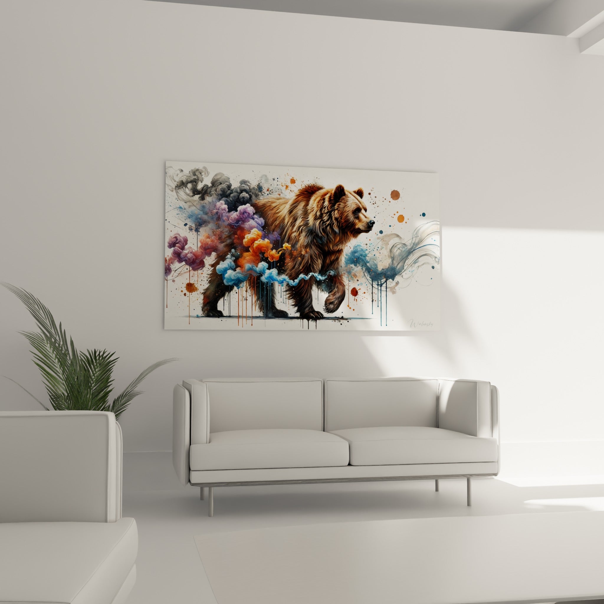 Silhouette d'ours brun terracotta et bleu suspendue au-dessus d'un canapé dans un salon lumineux