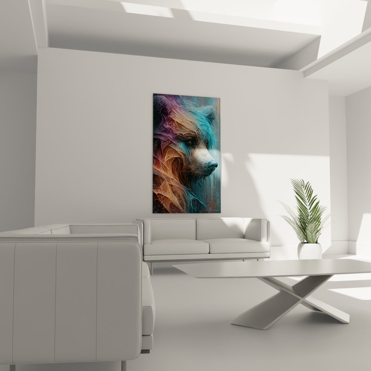 Portrait d'ours brun aux teintes terracotta et bleu glacé, suspendu au-dessus d'un canapé dans un salon lumineux