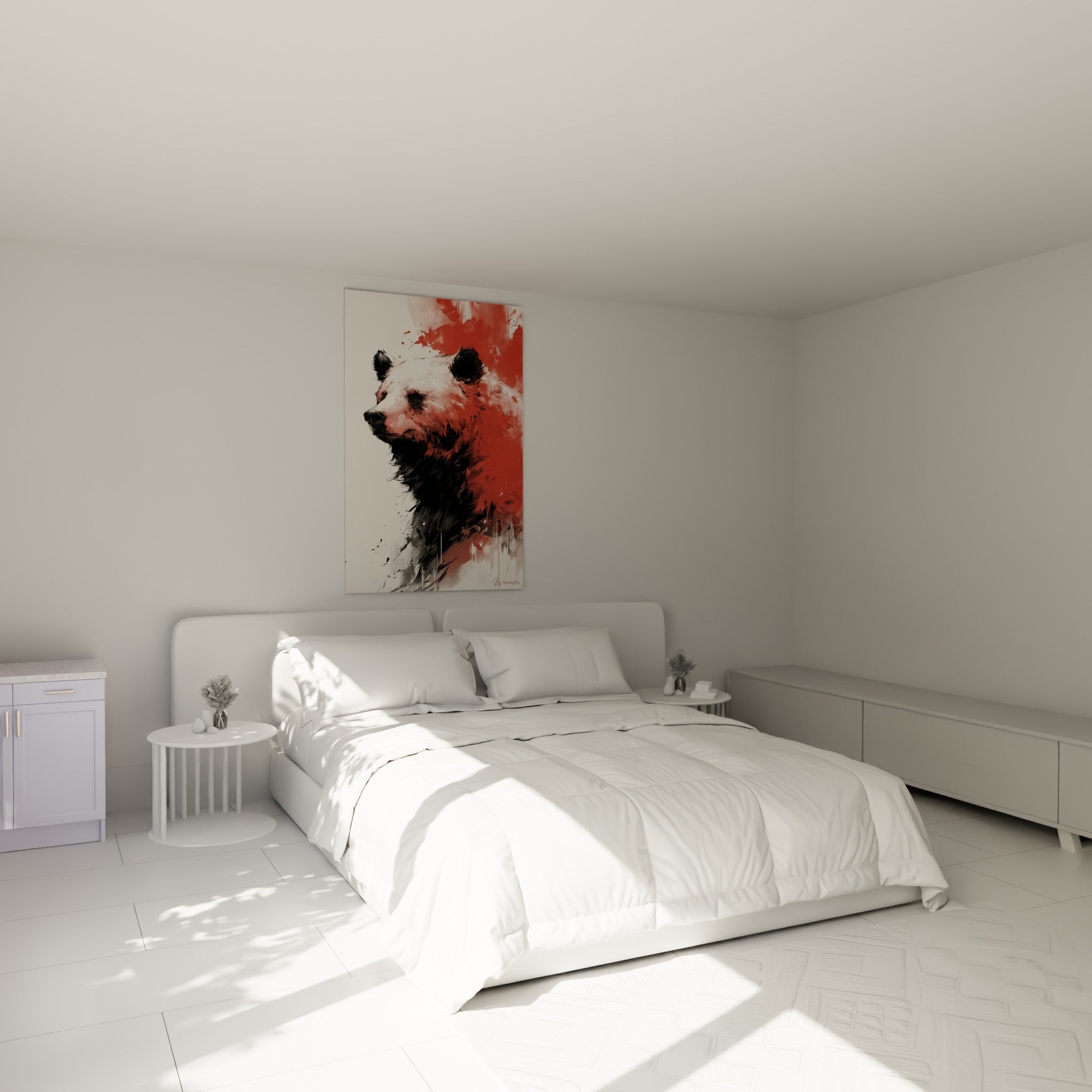 Silhouette d'ours brun aux tons rouge terracotta et noir, au-dessus d'un lit dans une chambre claire