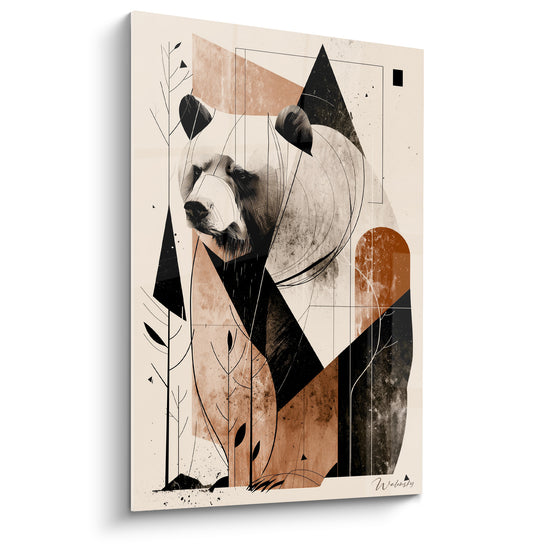 Ours brun au regard sombre, formes triangulaires terracotta et anthracite sur fond ivoire