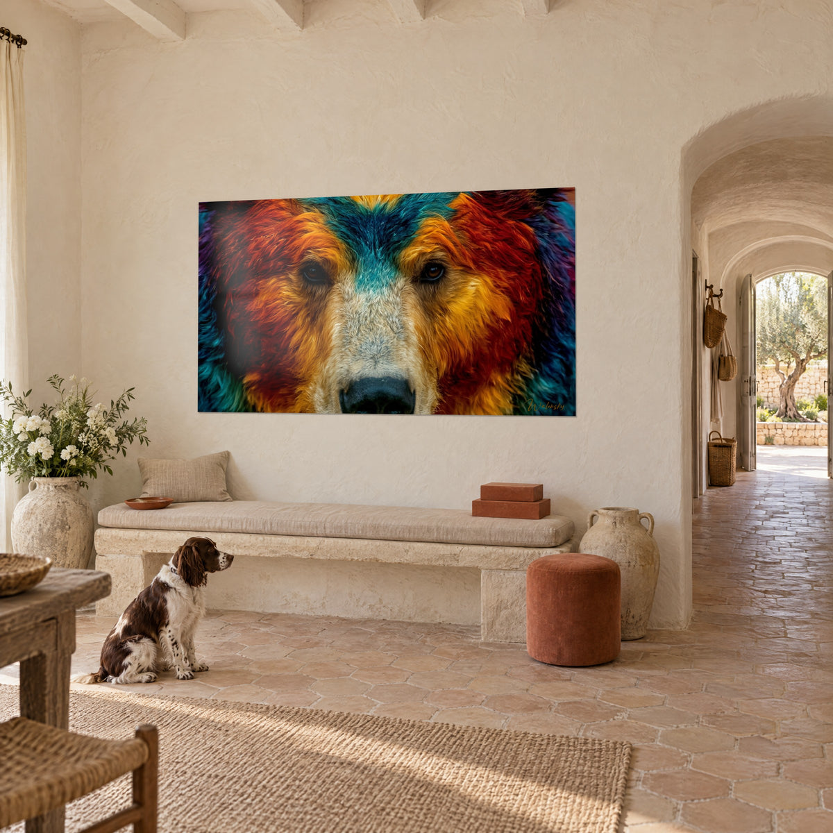 Tableau grizzli au museau crème et front bleu canard, yeux dorés, spaniel assis sur les tomettes d'un mas provençal