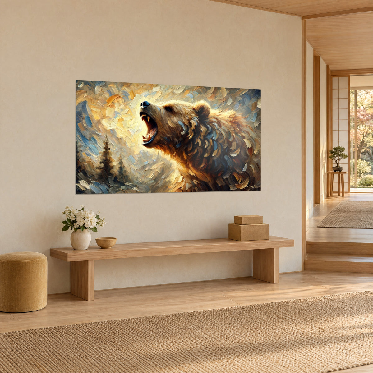 Wall art of a bear rearing its head up, ivory fangs and tawny fur mixed with sky blue, dark pine trees bottom left, three-quarter view on a cream wall