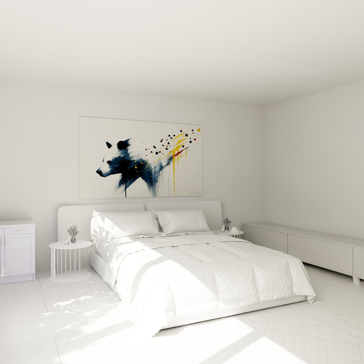 Silhouette d'ours brun aux touches dorées et bleu marine, accrochée au-dessus d'un lit dans une chambre claire