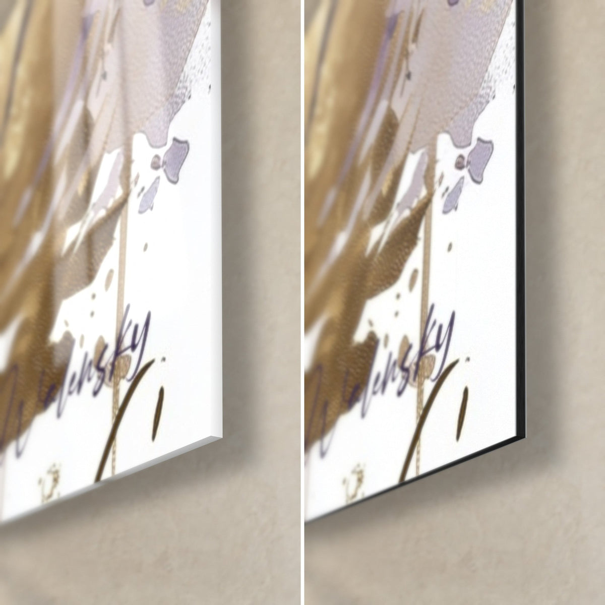 Gemälde Bär in Violett und Gold, untere rechte Ecke: glänzendes Glas links, mattes schwarzes Dibond rechts, goldene Signatur und 3 mm Kante