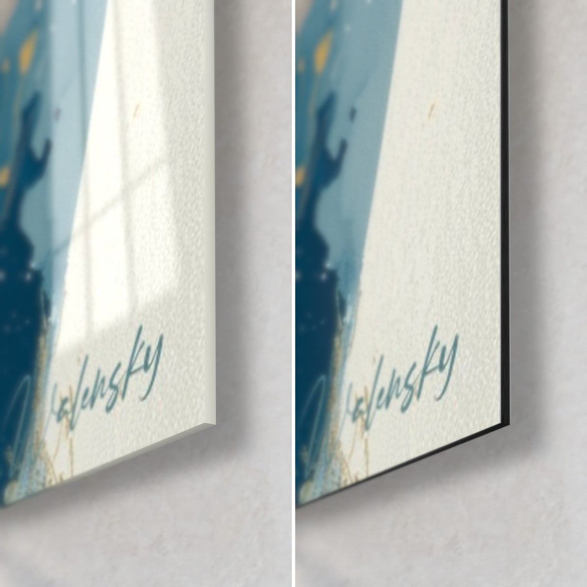 Quadro orso blu e oro, angolo in basso a destra: vetro acrilico lucido a sinistra, alluminio Dibond opaco a destra, bordo da 3 mm
