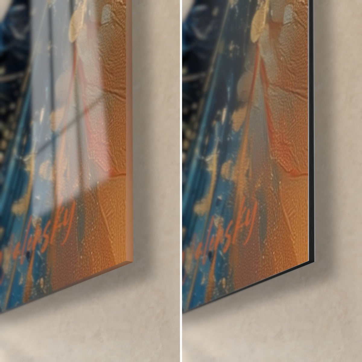 Quadro orso bruno in ambra e blu, angolo in basso a destra: vetro lucido a sinistra, alluminio Dibond opaco a destra, bordo di 3 mm visibile