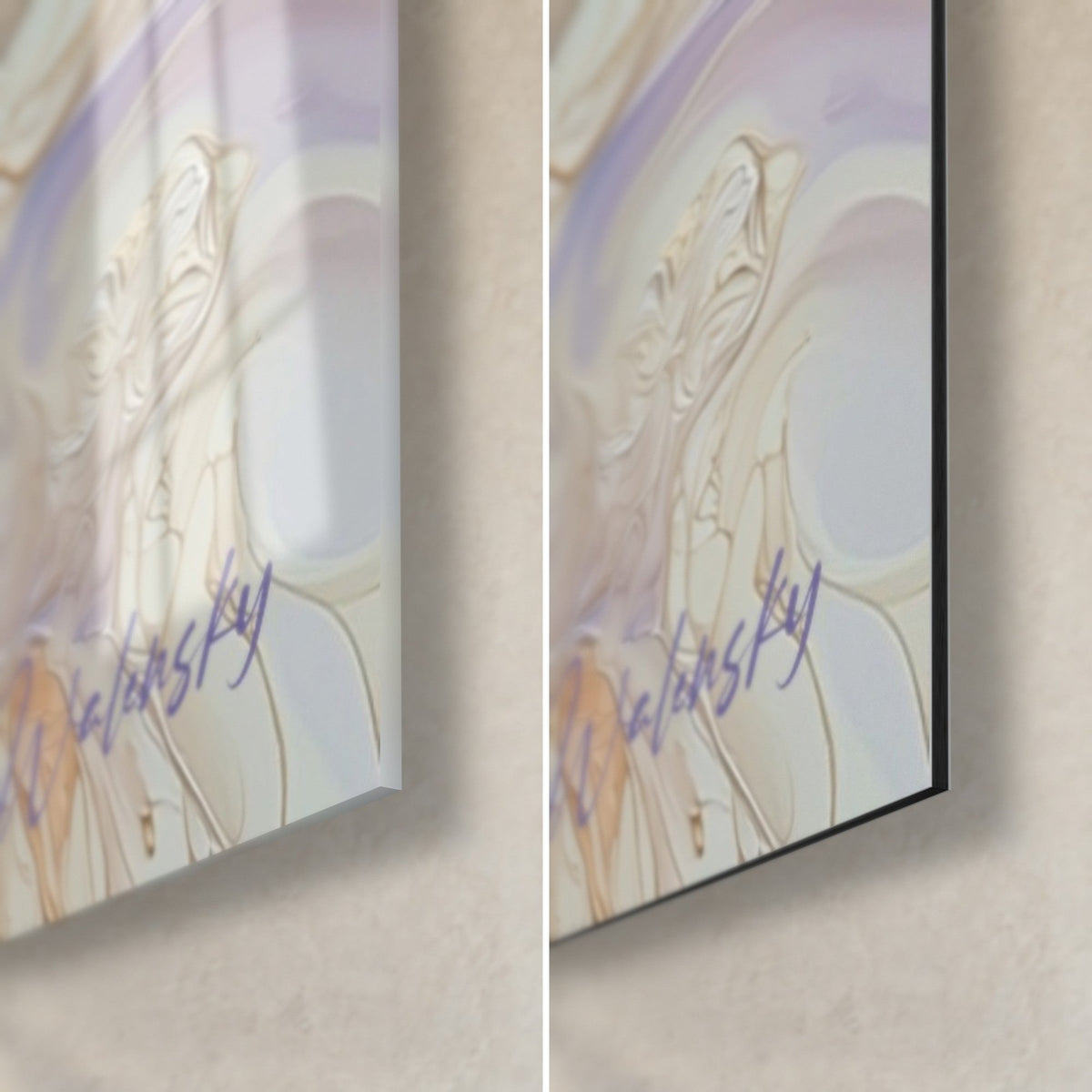 Schilderij vloeiende beer met lavendel- en gouden reflecties, rechtsonder: glanzend acrylglas naast matte Dibond-aluminium