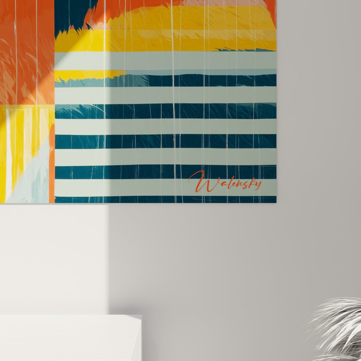 Coulures blanches et empâtements colorés orange, bleu marine et jaune visibles en gros plan sur la toile de l'ours rugissant