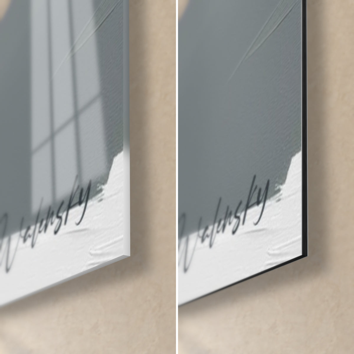 Cuadro de un oso pardo, esquina inferior derecha: cristal brillante con reflejos a la izquierda, aluminio Dibond mate a la derecha, borde negro de 3 mm