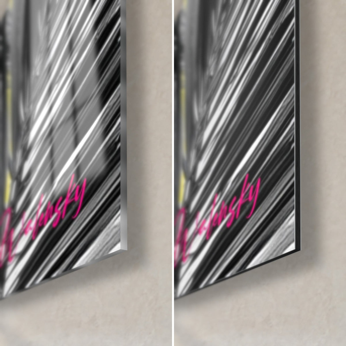 Gemälde eines schwarzweißen Bären, untere rechte Ecke: glänzendes Acrylglas mit Reflexen, mattschwarzes Dibond rechts, Palmenblatt, rosa Signatur