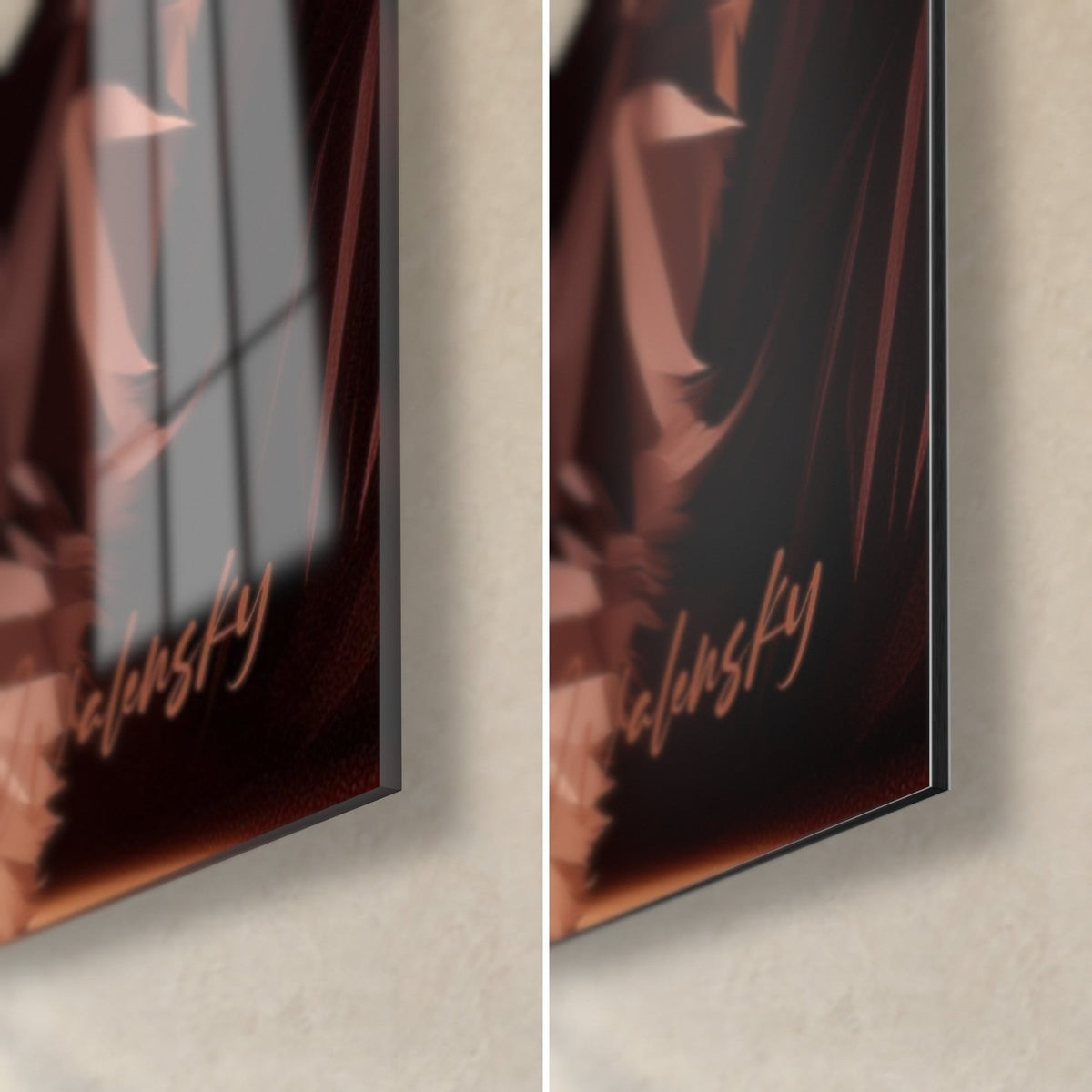 Tableau plantigrade aux éclats cuivre et brun foncé, coin bas droit : verre acrylique brillant à gauche, Dibond mat à droite, tranche de 3 mm