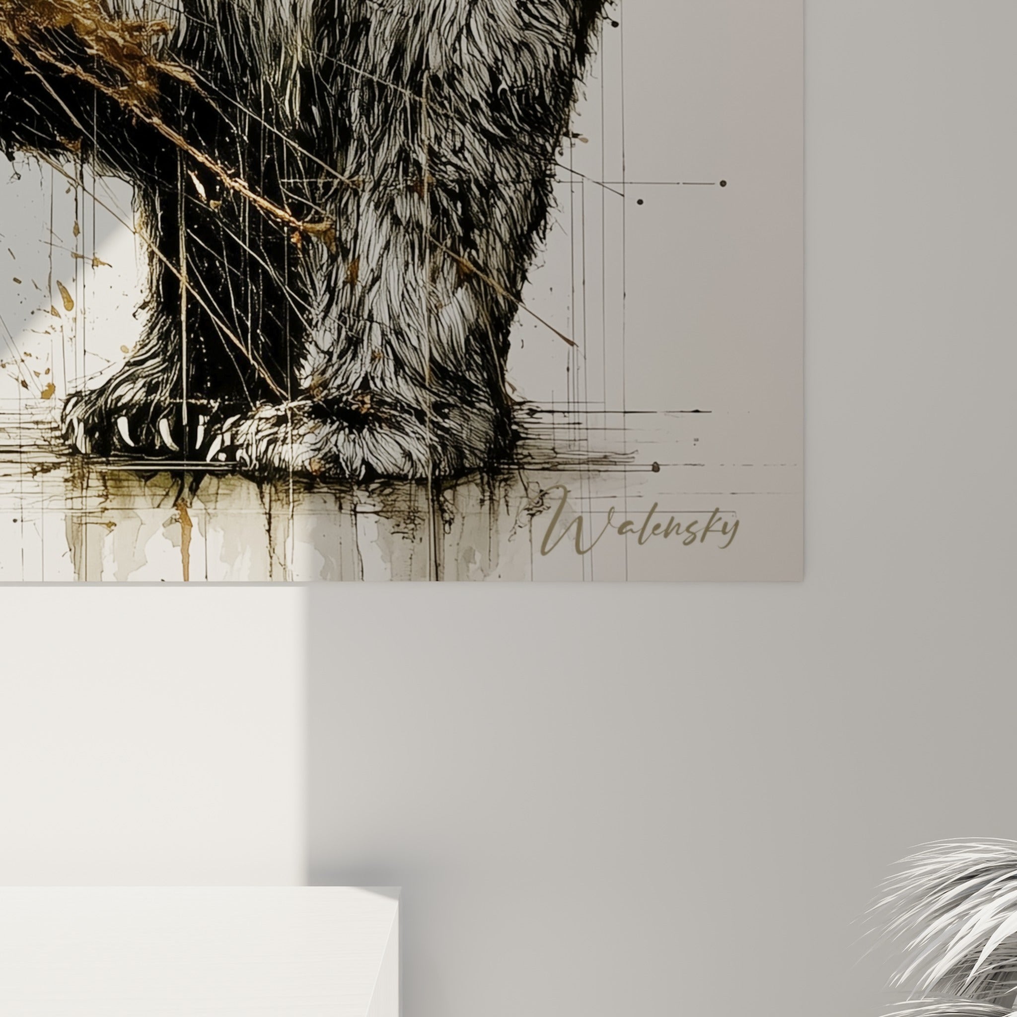 Empâtements dorés et traits noirs entremêlés révélant la texture fine de l'impression sur toile de l'ours brun