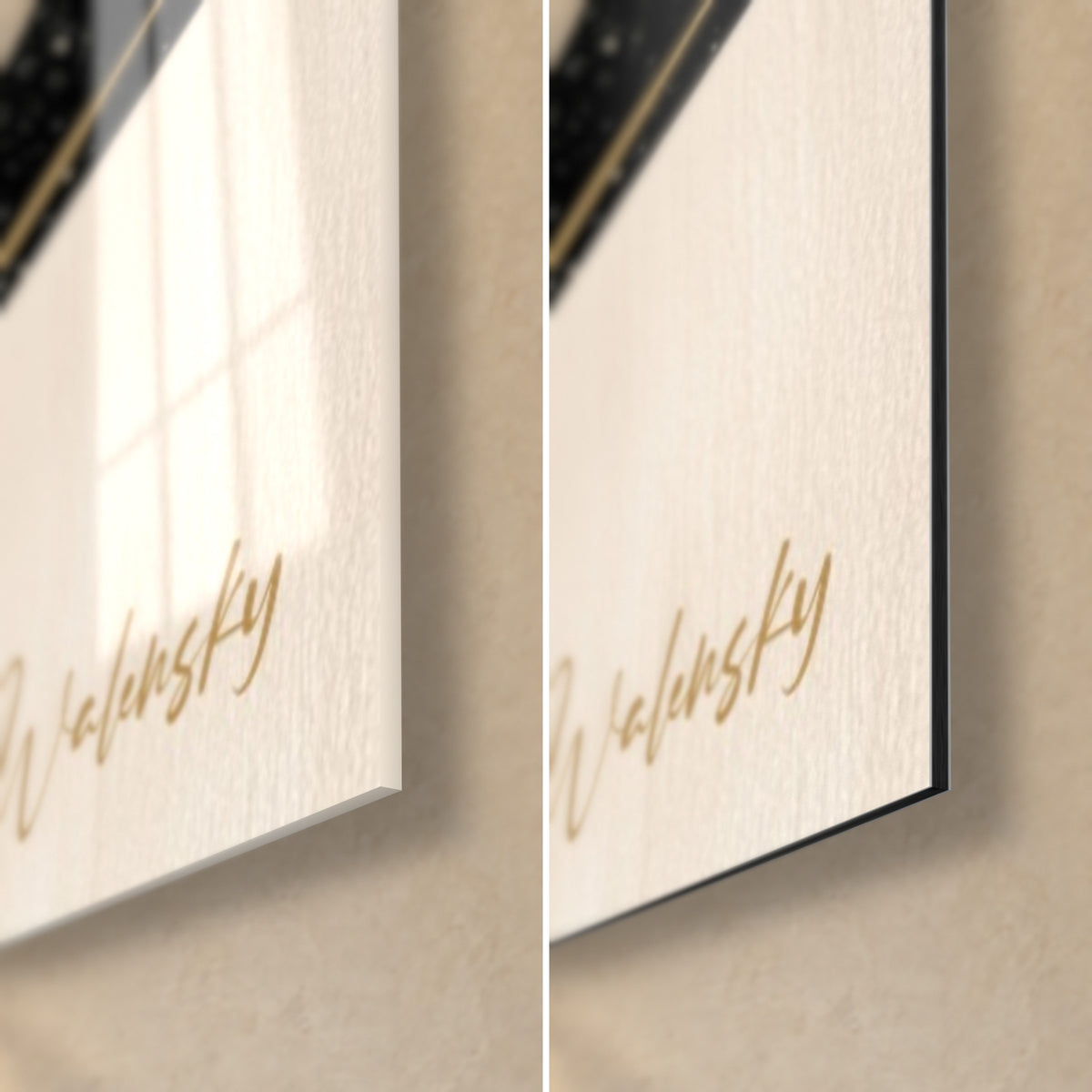 Tableau ours brun, coin bas droit : verre acrylique brillant aux reflets à gauche, alu Dibond crème mat à droite, tranche de 3 mm
