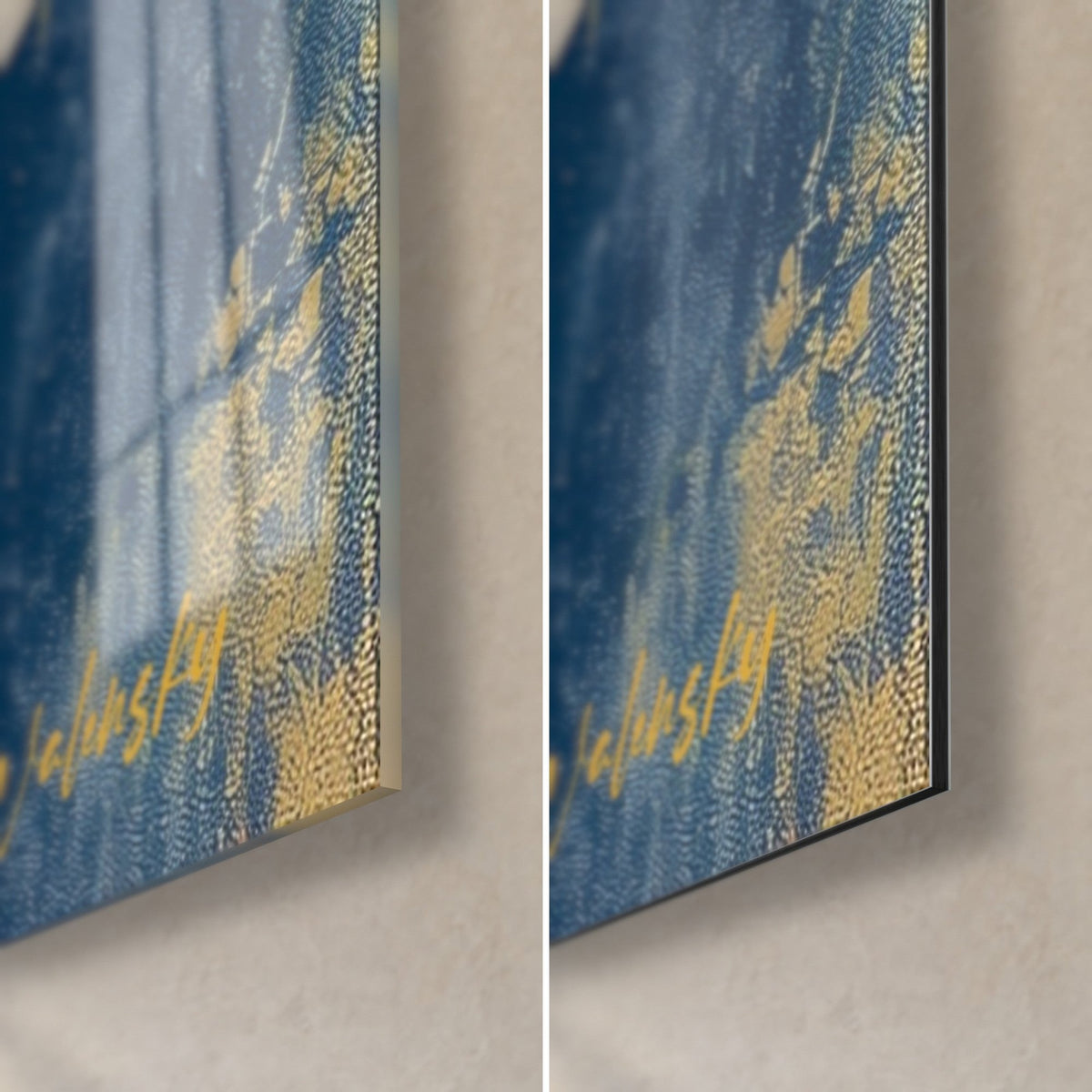 Wall art midnight blue bear with gold leaf, golden Walensky signature bottom right, glossy acrylic glass and matte Dibond aluminium, 3 mm edge