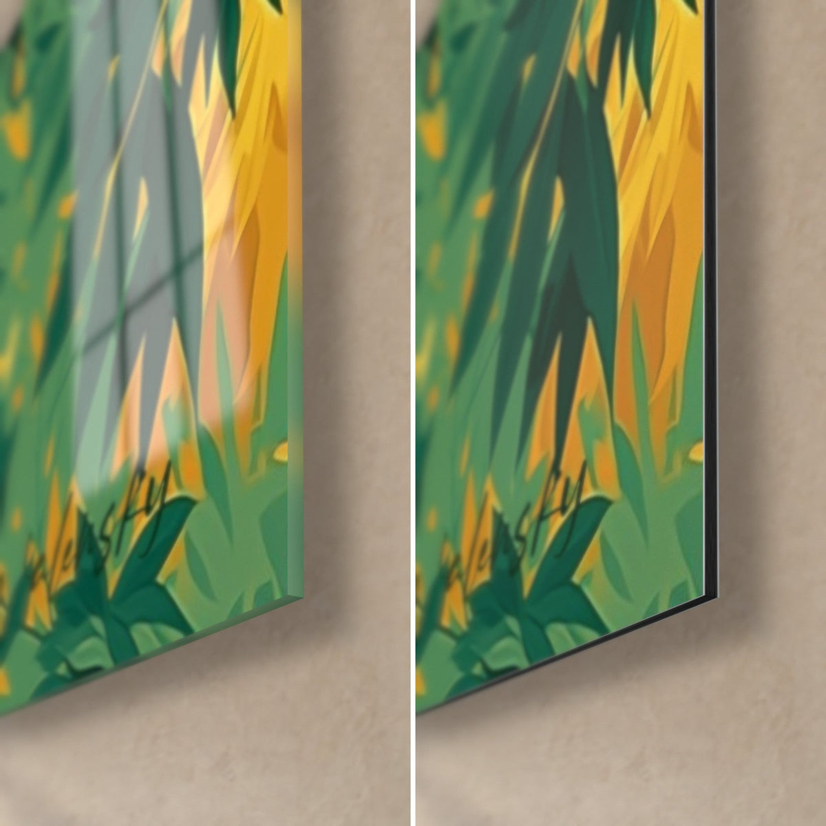 Wall art of a golden fox in green leaves, bottom right corner: glossy acrylic glass on the left, matte black Dibond aluminum on the right, 3 mm edge thickness