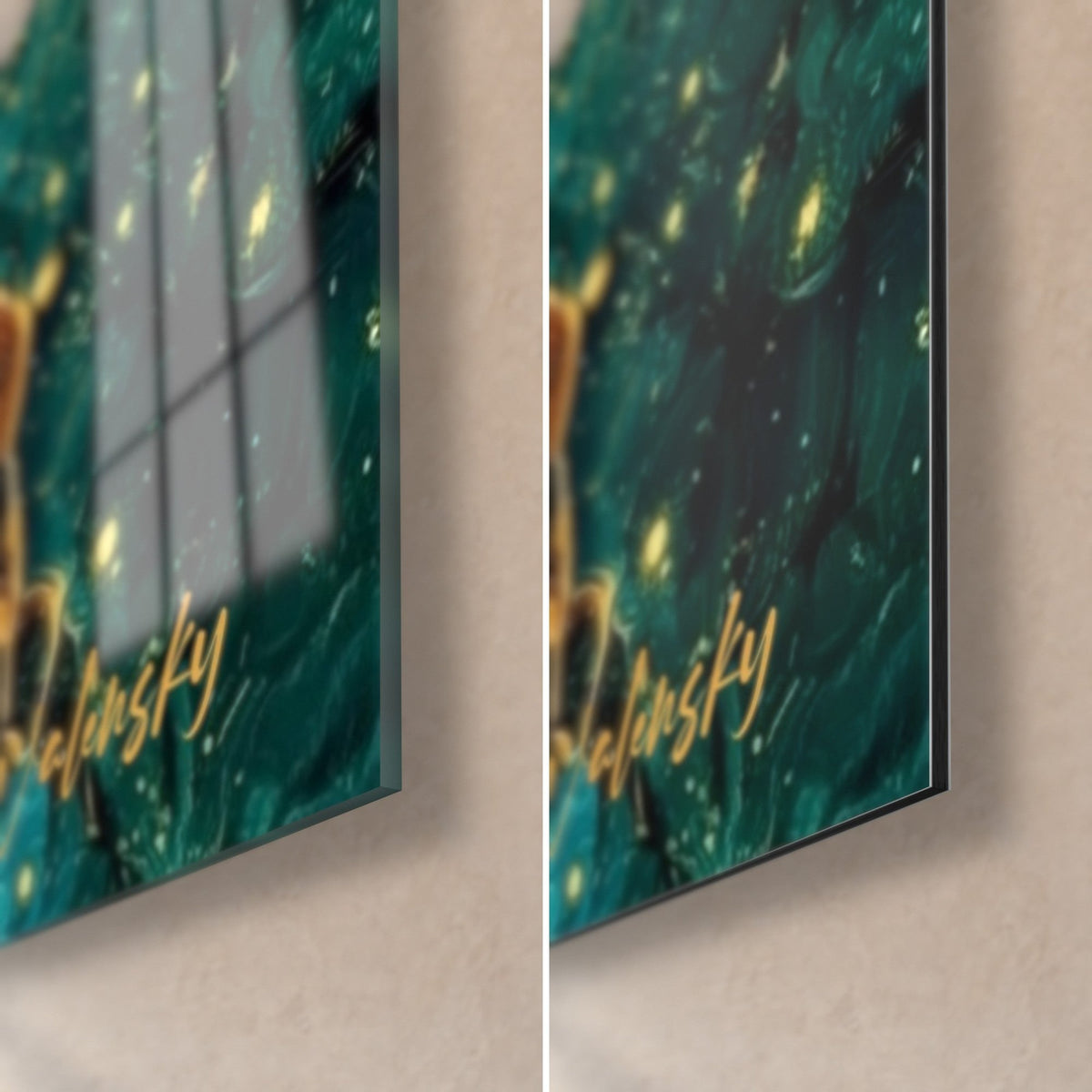 Wall art brown bear with golden sparks, bottom right corner: glossy acrylic glass on the left, matte Dibond aluminium on the right, 3 mm edge