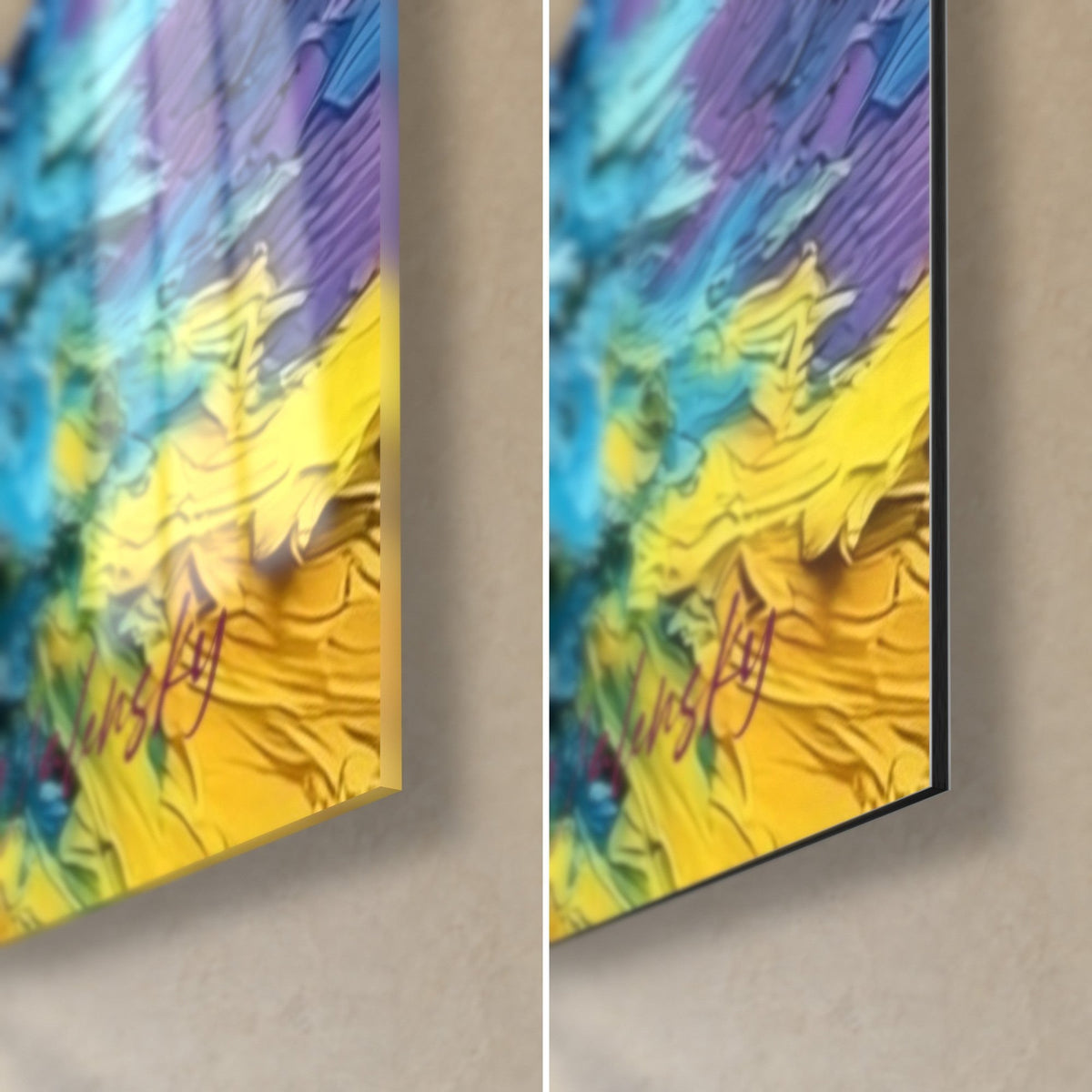 Schilderij beer in getextureerde schilderkunst, rechtsonder hoek met gele en paarse penseelstreken, glanzend glas links, mat Dibond rechts