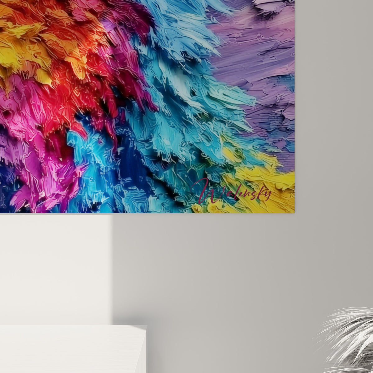 Empâtements colorés bleu, rose et jaune moutarde formant le pelage texturé de l'ours brun