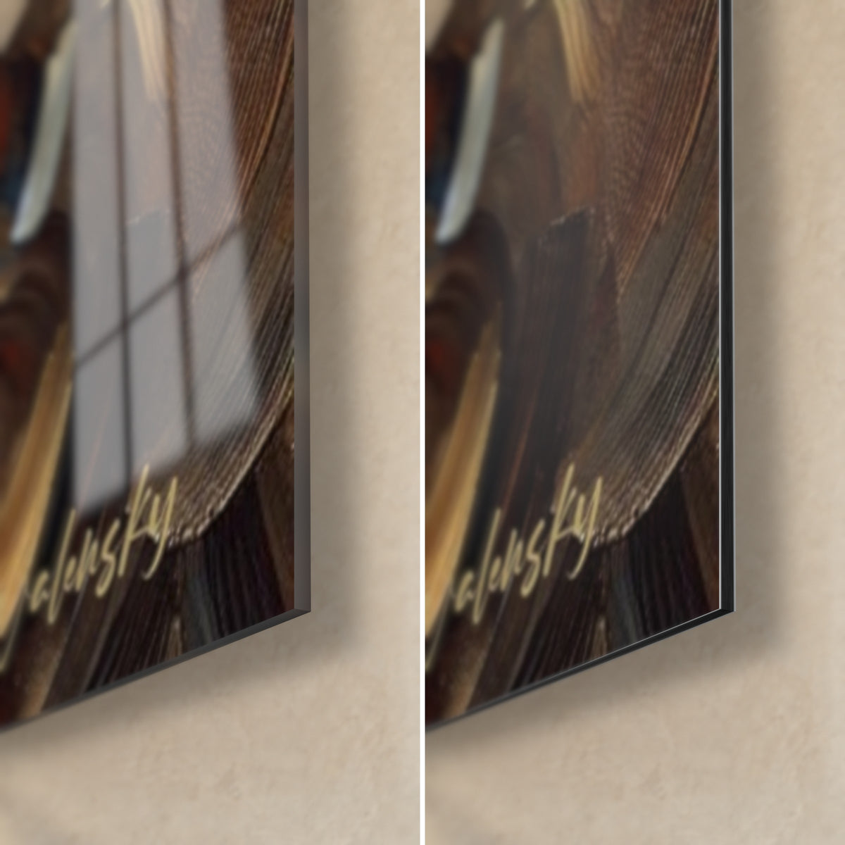 Wall art of a roaring brown bear, bottom right corner: glossy glass on the left, matte Dibond aluminium on the right, 3 mm edge, golden signature on a brown background