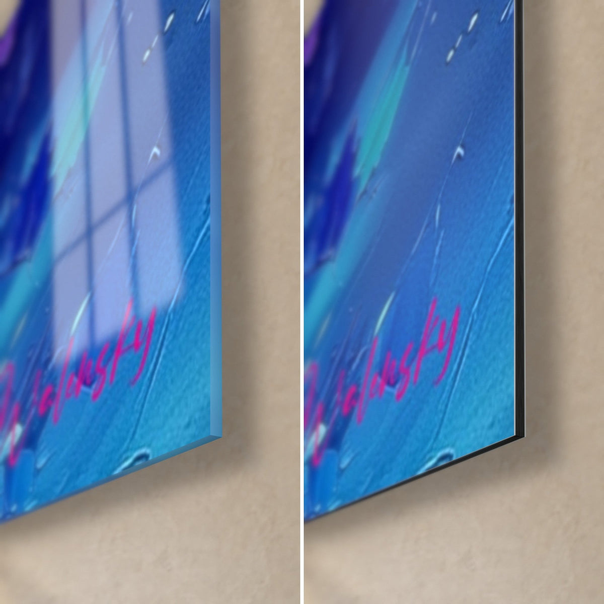 Wall art Brown bear in thick sky-blue impasto, bottom right corner: glossy glass on the left, matte Dibond on the right, 3 mm edge