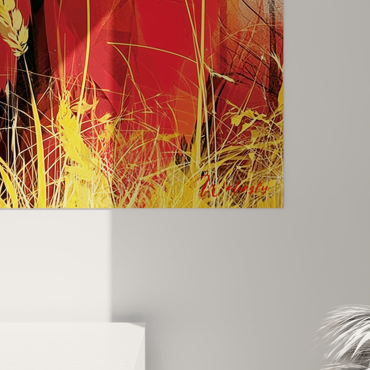 Détail du pelage rouge fragmenté et des empâtements dorés de ce tableau ours brun accroché au mur